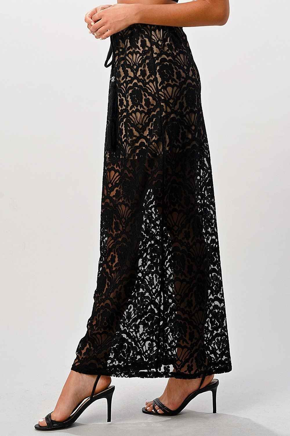 Sheer Lace Maxi Skirt with Drawstring Waist