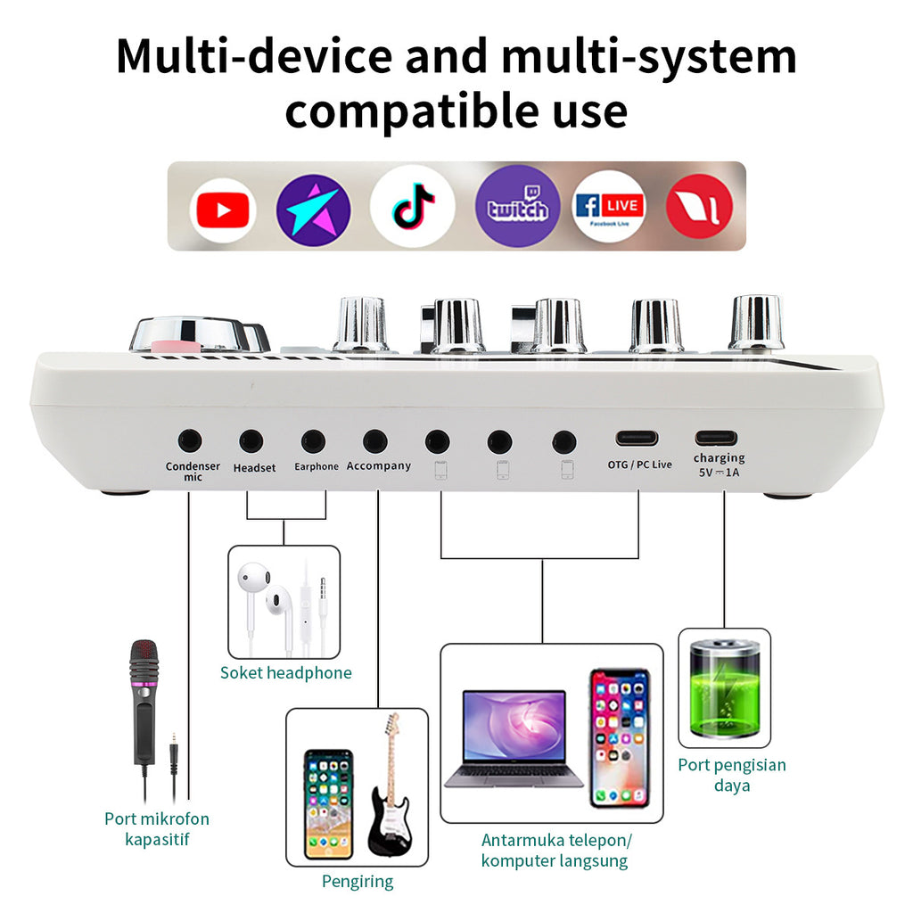 F998Pro live singing sound card white English version intelligent noise reduction integrated microphone eprolo