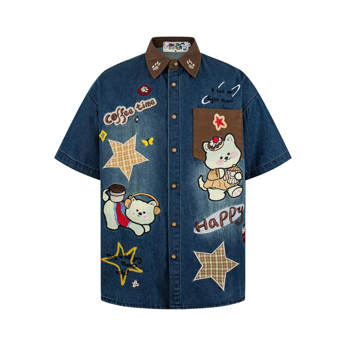 Cloth Embroidered Music Cat Cowboy Shirt
