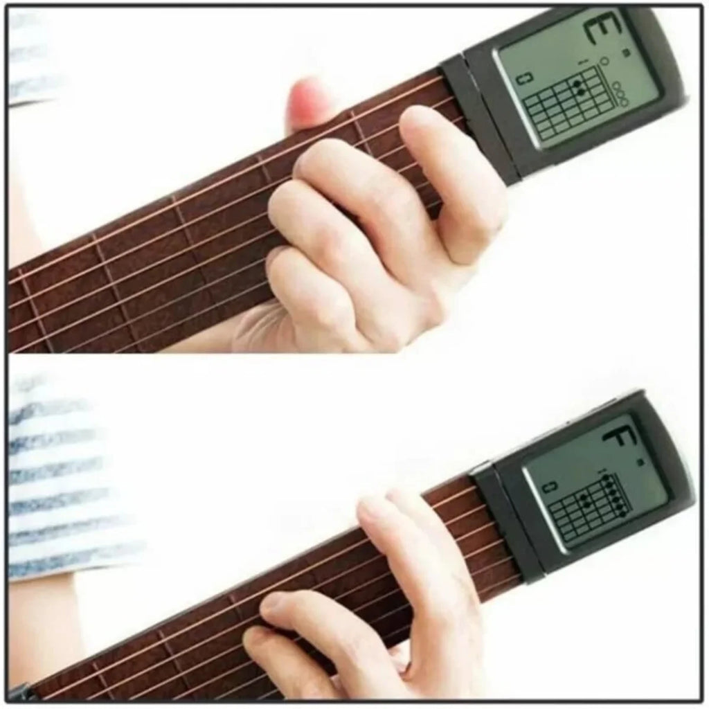 Pocket guitar chord trainer demonstrating its compact handheld size