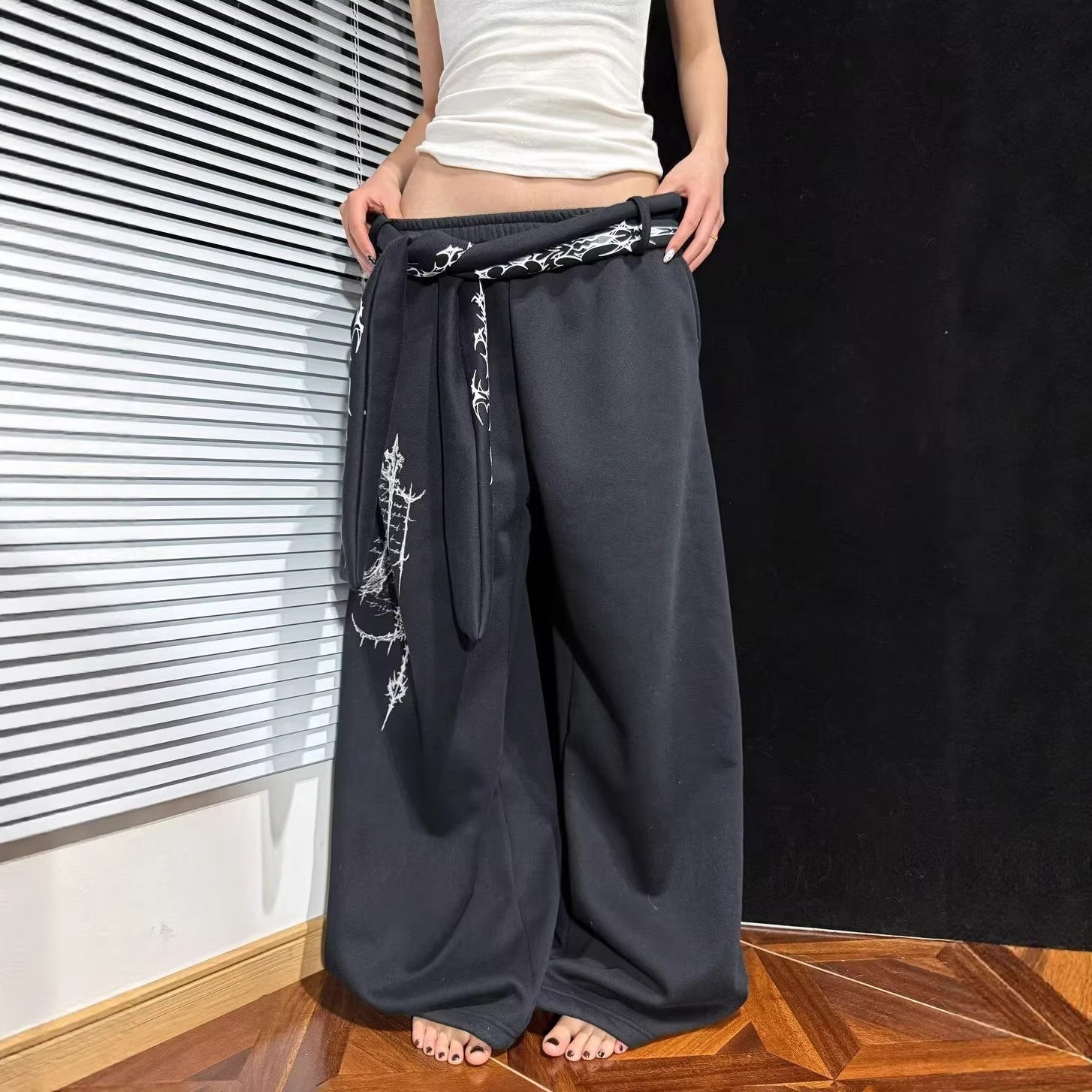 Street Style Pattern Print Detachable Ribbon Multi-Wear Wide Leg Pants eprolo