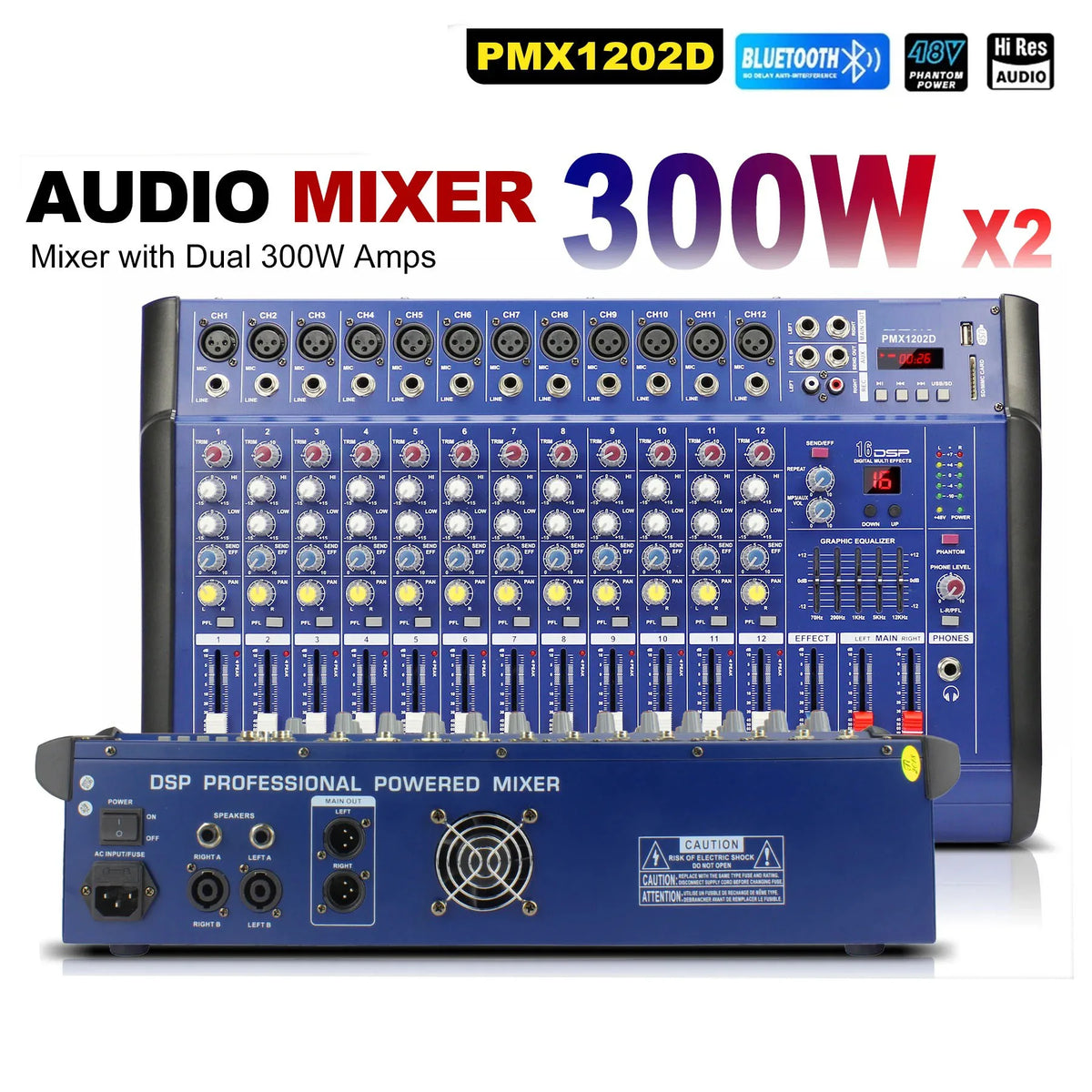 PMX1202D blue powered audio mixer with channel controls and rear connections