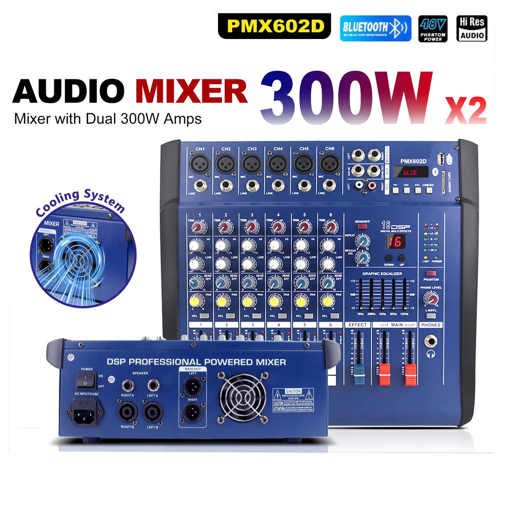PMX602D powered audio mixer with multiple input channels, control knobs and Bluetooth