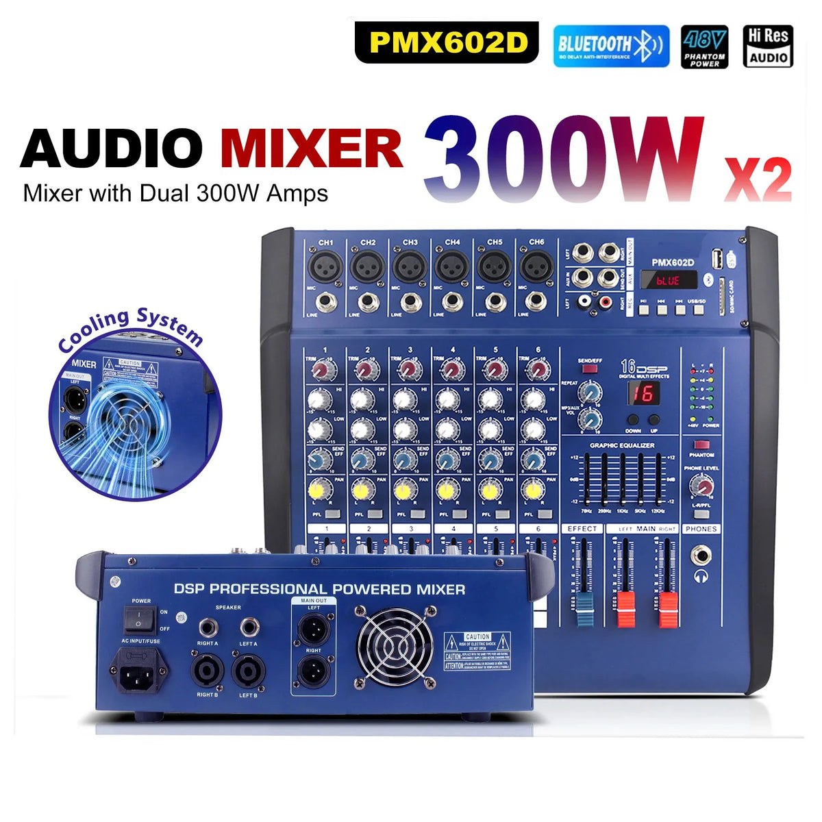 PMX602D powered audio mixer with multiple input channels, control knobs and Bluetooth