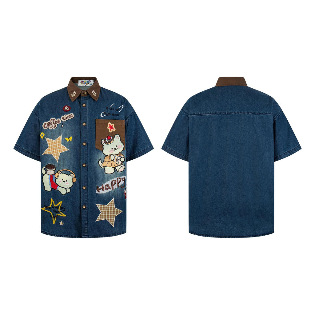 Cloth Embroidered Music Cat Cowboy Shirt