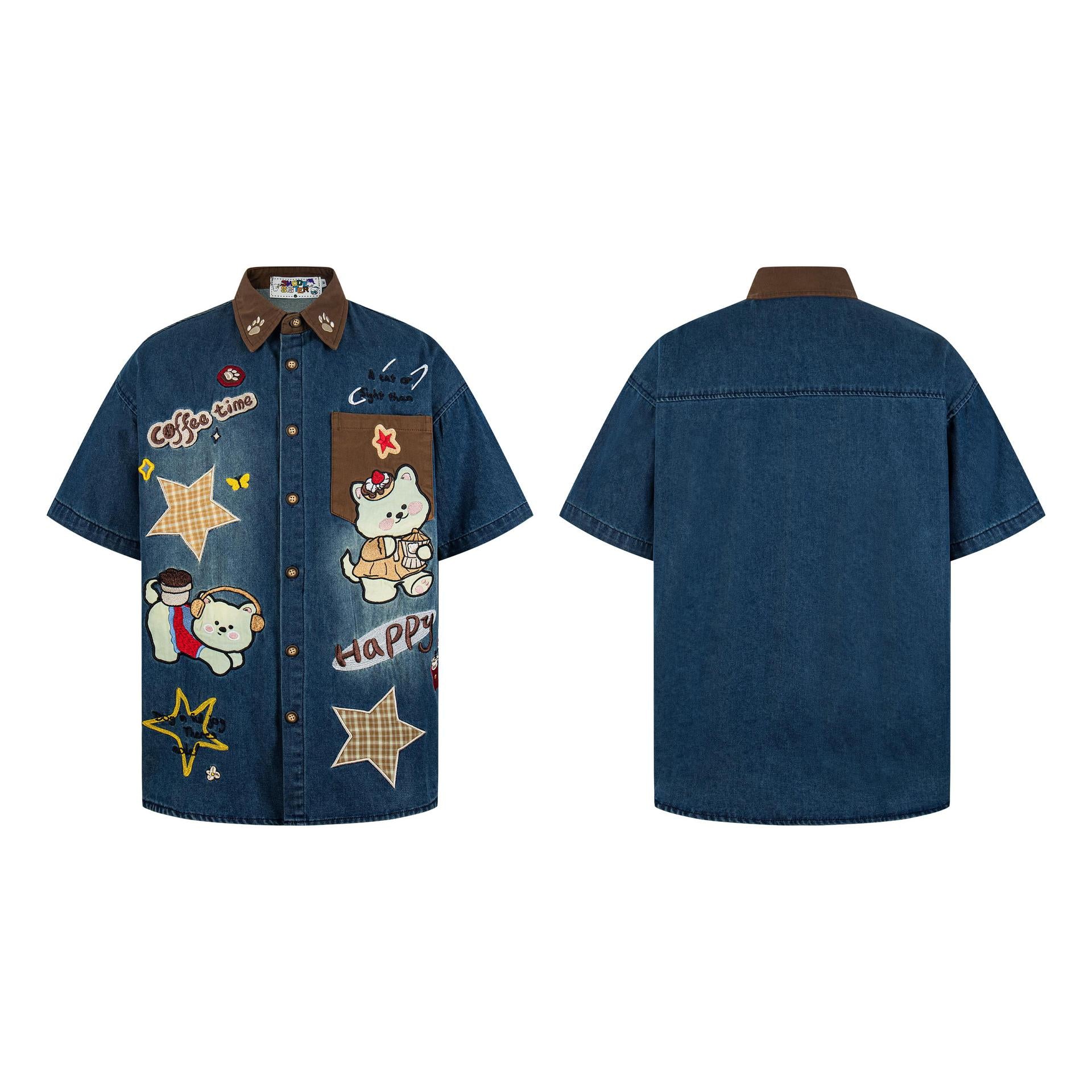 Cloth Embroidered Music Cat Cowboy Shirt