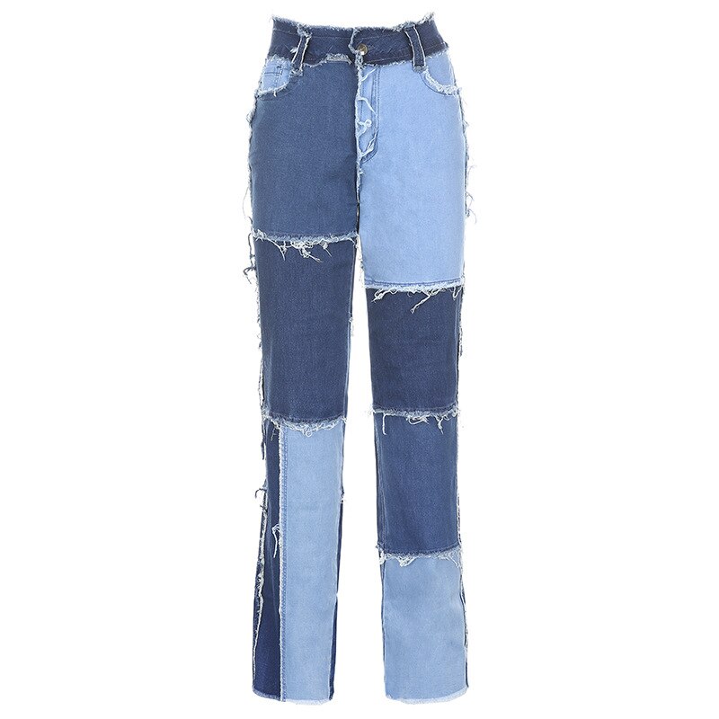 Heritage Thrift Patchwork Contast Color Hip HHigh Waist Street Wear Tassel Jeans Casual Denim Pants eprolo