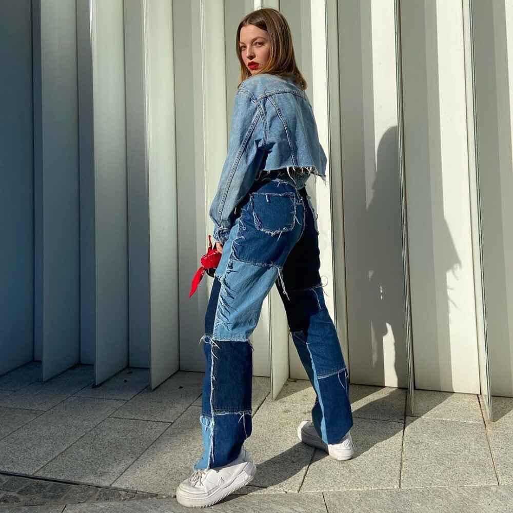 Heritage Thrift Patchwork Contast Color Hip HHigh Waist Street Wear Tassel Jeans Casual Denim Pants