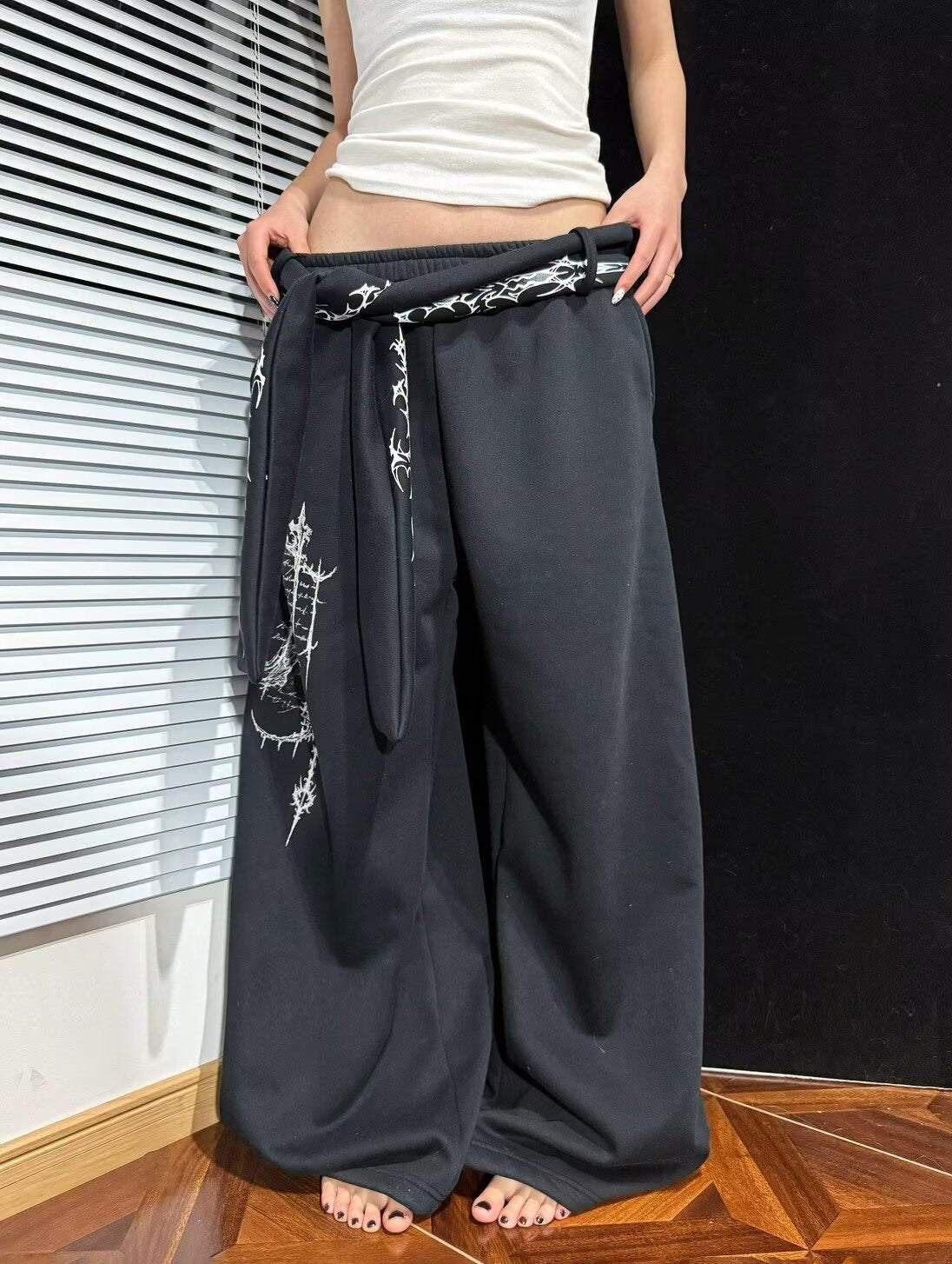 Street Style Pattern Print Detachable Ribbon Multi-Wear Wide Leg Pants eprolo