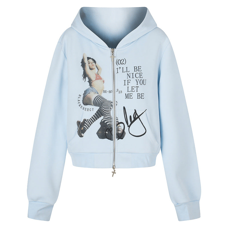 Letter printed light blue hooded jacket