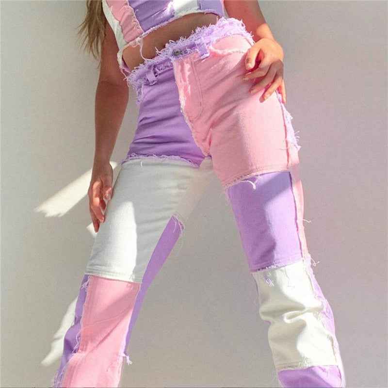 Heritage Thrift Patchwork Contast Color Hip HHigh Waist Street Wear Tassel Jeans Casual Denim Pants
