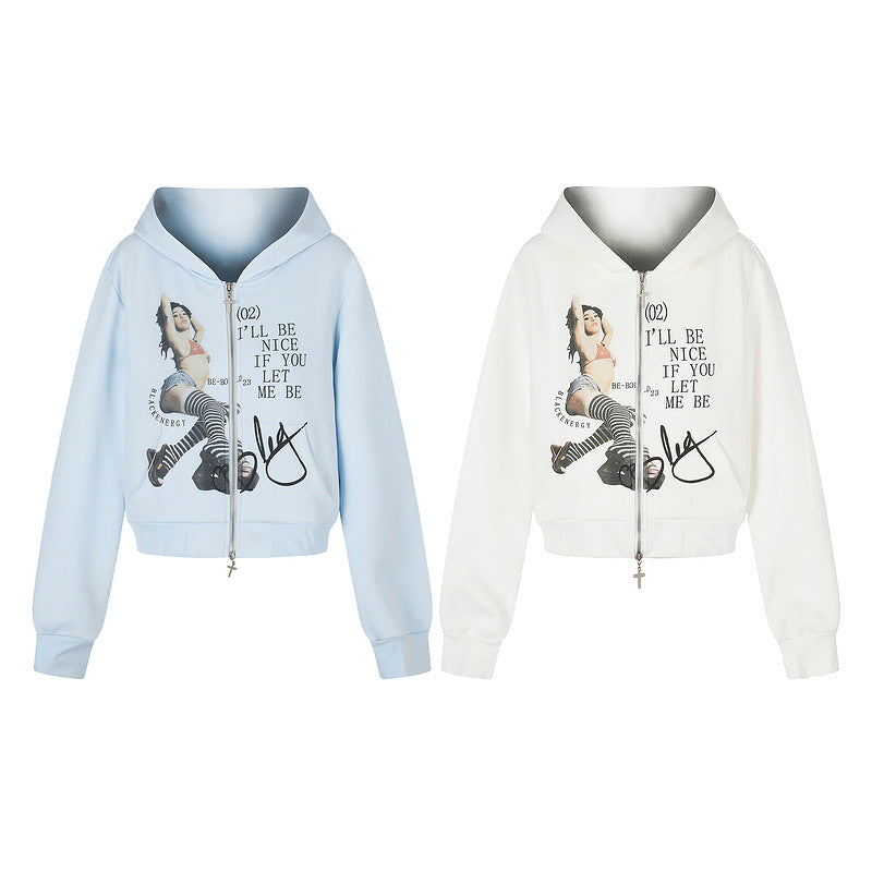 Letter printed light blue hooded jacket
