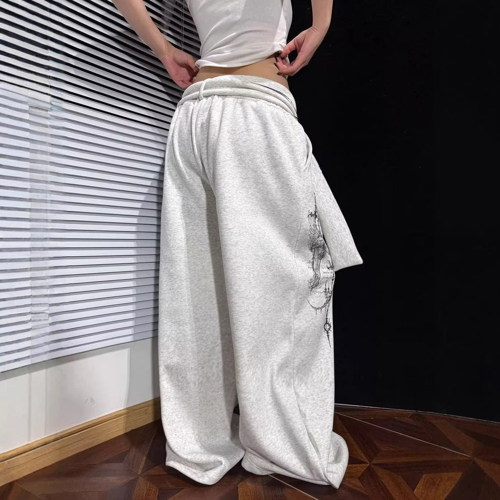 Street Style Pattern Print Detachable Ribbon Multi-Wear Wide Leg Pants eprolo