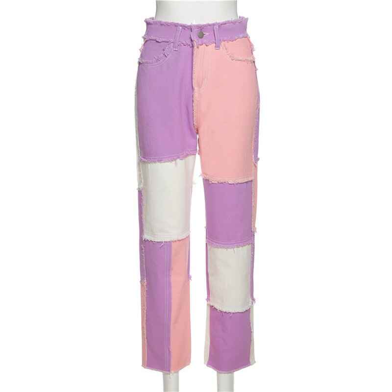 Heritage Thrift Patchwork Contast Color Hip HHigh Waist Street Wear Tassel Jeans Casual Denim Pants