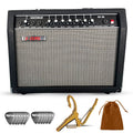5CORE 50W black guitar amplifier bundle with 8-inch speaker, guitar picks, capo, and carry pouch