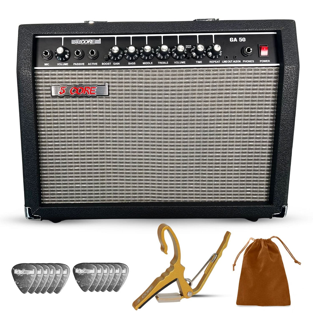 5CORE 50W black guitar amplifier bundle with 8-inch speaker, guitar picks, capo, and carry pouch