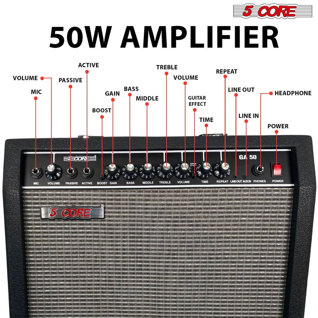 Front control panel of the 5CORE 50W guitar amplifier showing inputs, tone controls, delay controls, and power switch