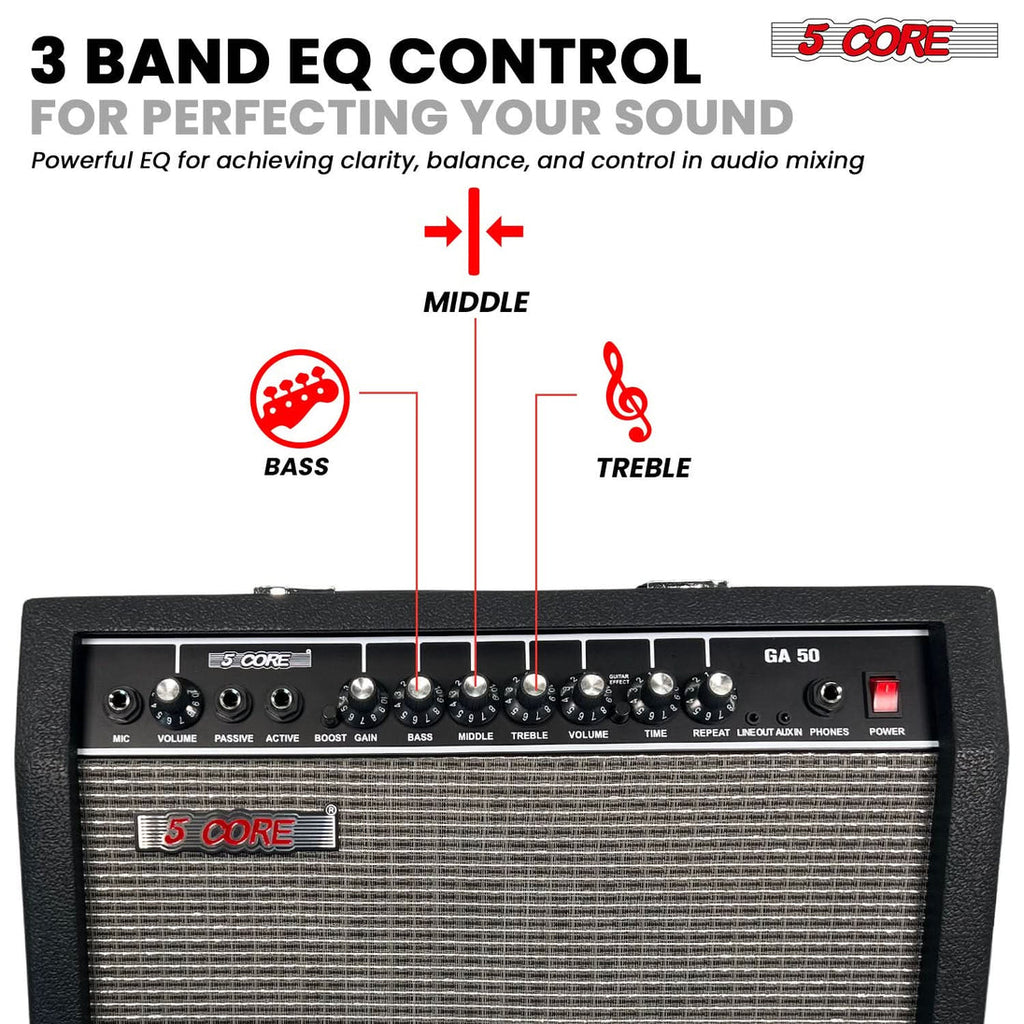 5CORE guitar amplifier bass, middle, and treble equalizer controls