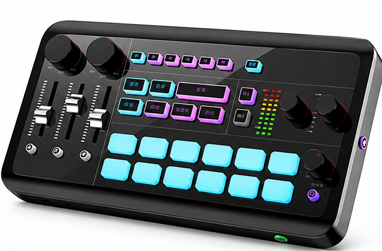 AX01 audio mixer product front view with cyan and purple control pads