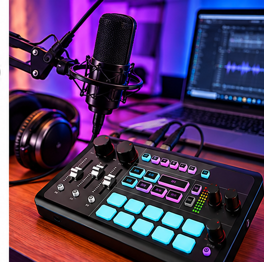 AX01 audio mixer shown in a desktop streaming and recording setup