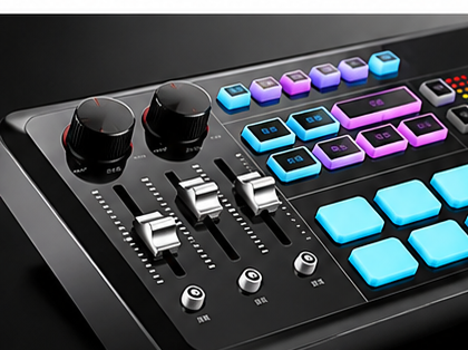 Close angled view of AX01 audio mixer sliders and illuminated control pads