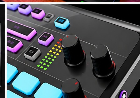 Close-up of AX01 audio mixer rotary knobs, sound controls and level indicators