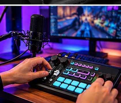 Person adjusting an AX01 audio mixer during a desktop streaming session