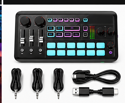 AX01 audio mixer pictured with included connection cables; confirm package contents with seller
