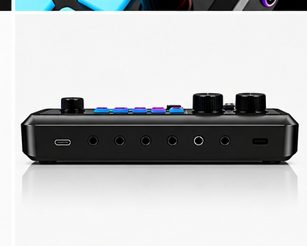 Side view of AX01 audio mixer showing its connection ports