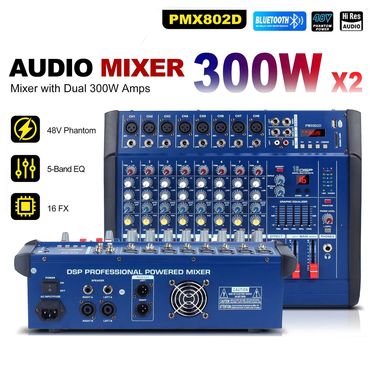 PMX802D powered Bluetooth audio mixer with multiple channels and audio controls