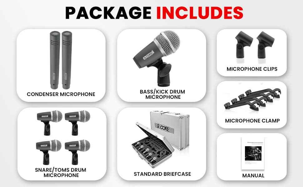 5Core Drum Mic Kit 7 Pcs Kick BassTom Snare Dynamic Mics Instrument