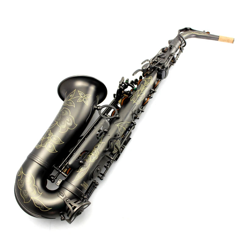 Close-up of the black alto saxophone body and decorative abalone shell buttons