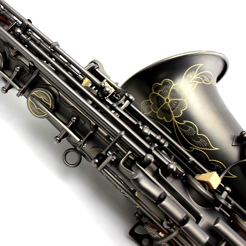 Black alto saxophone product detail showing the instrument body and buttons