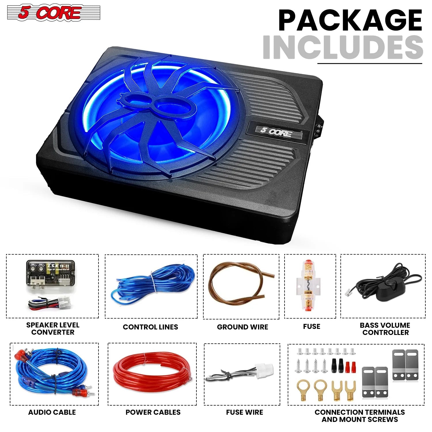 5Core 10 Inch Slim under Seat Car Audio Subwoofer 800W Built in