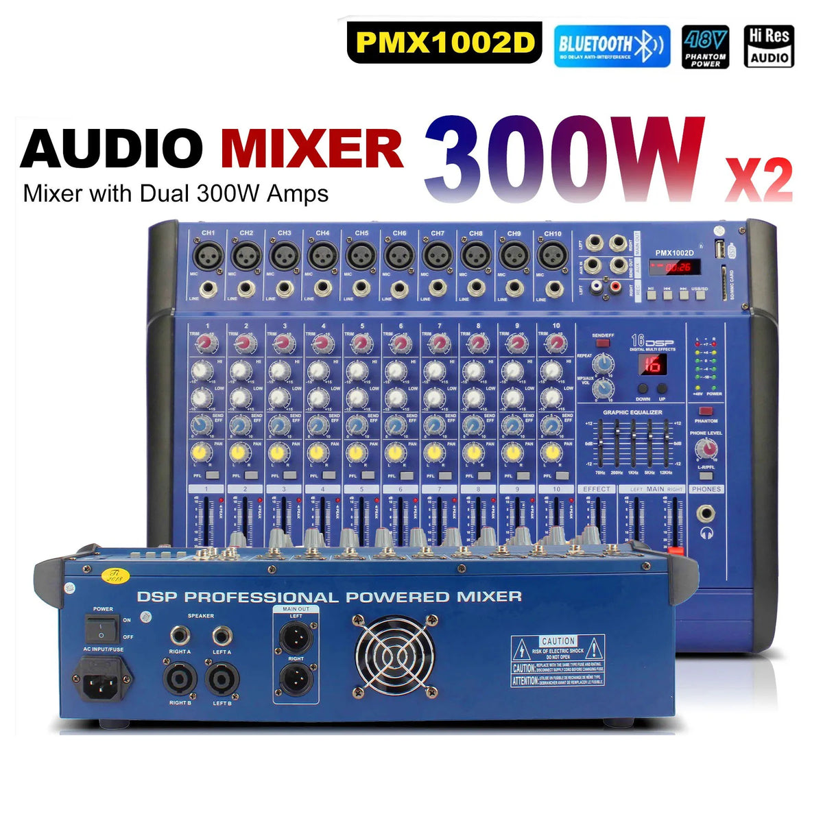 Powered blue audio mixer with Bluetooth, DSP effects and 48V phantom power, front and rear view
