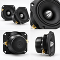 Black bullet-style car audio speaker pair shown from front, close-up, rear, and side views