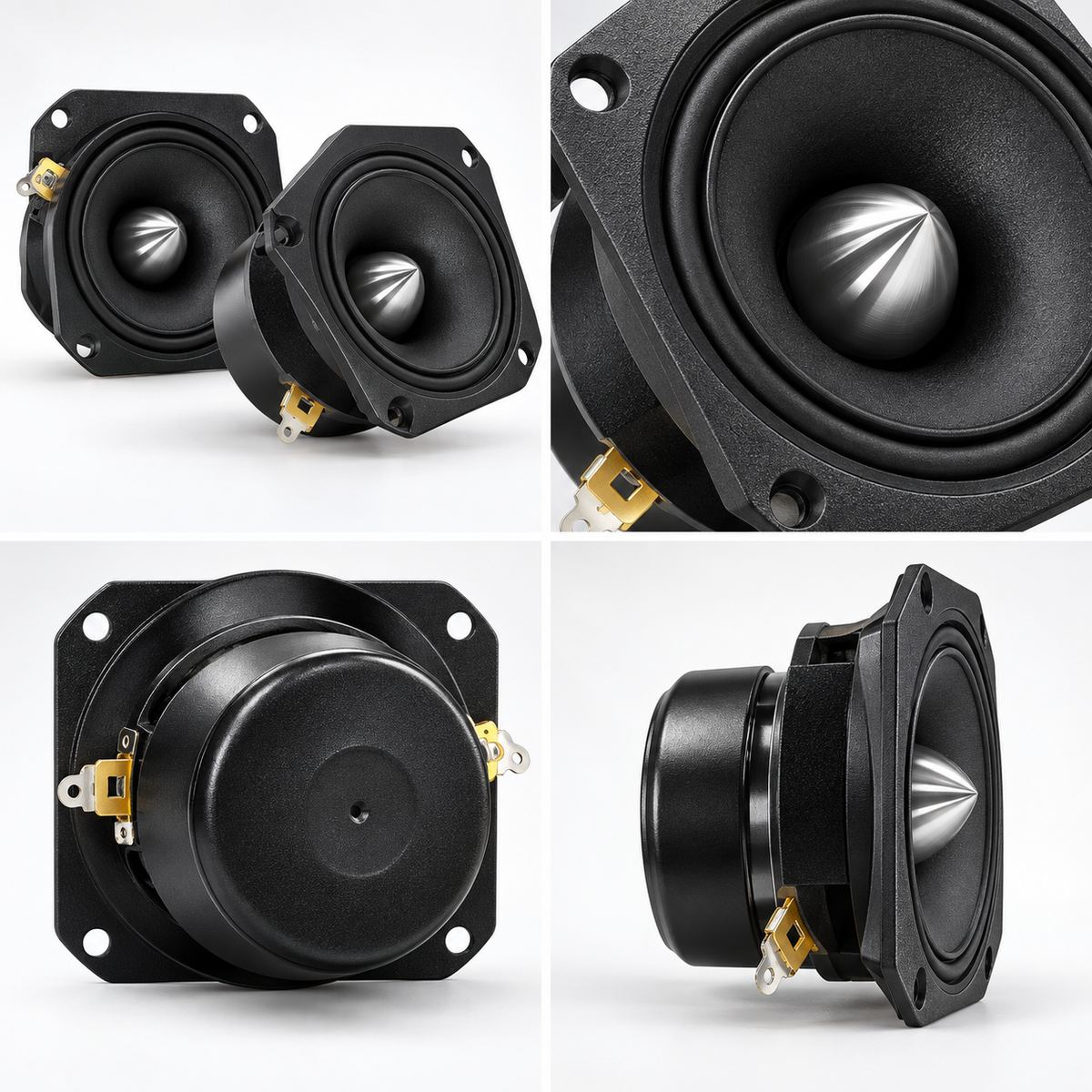 Black bullet-style car audio speaker pair shown from front, close-up, rear, and side views