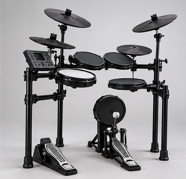 Angled view of a black electronic drum kit with multiple cymbal pads, drum pads, rack and foot pedals.