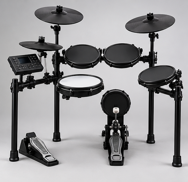 Black electronic drum kit shown from the front with cymbal pads, drum pads, control module, rack and pedals.