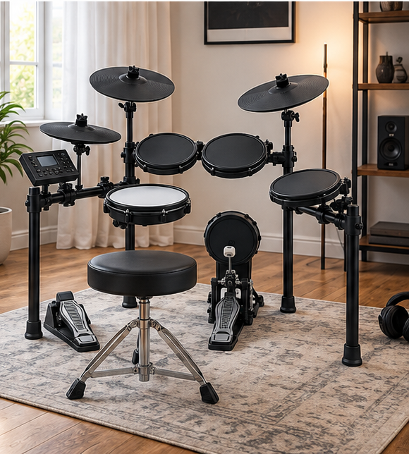 Electronic drum kit arranged in a home music practice space on a rug.