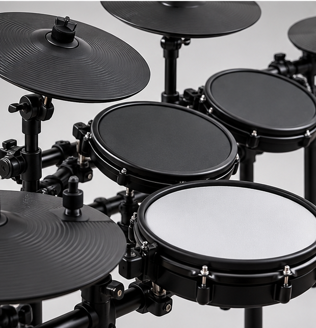 Close-up of electronic drum pads and cymbal pads showing their playing surfaces and mounting hardware.