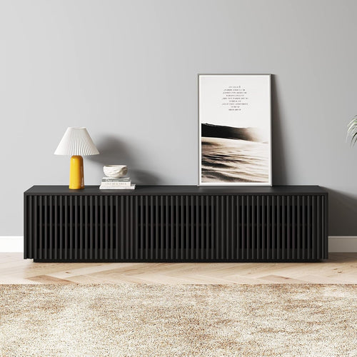 65 Inch Black Solid Wood TV Stand With Oak Veneer Finish