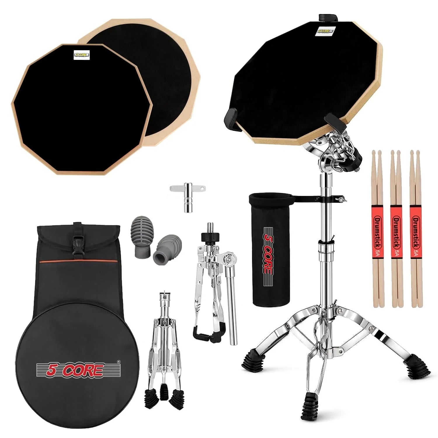 Drum Practice Pad Set 12" Adjustable Snare Drumming Stand Double Sided