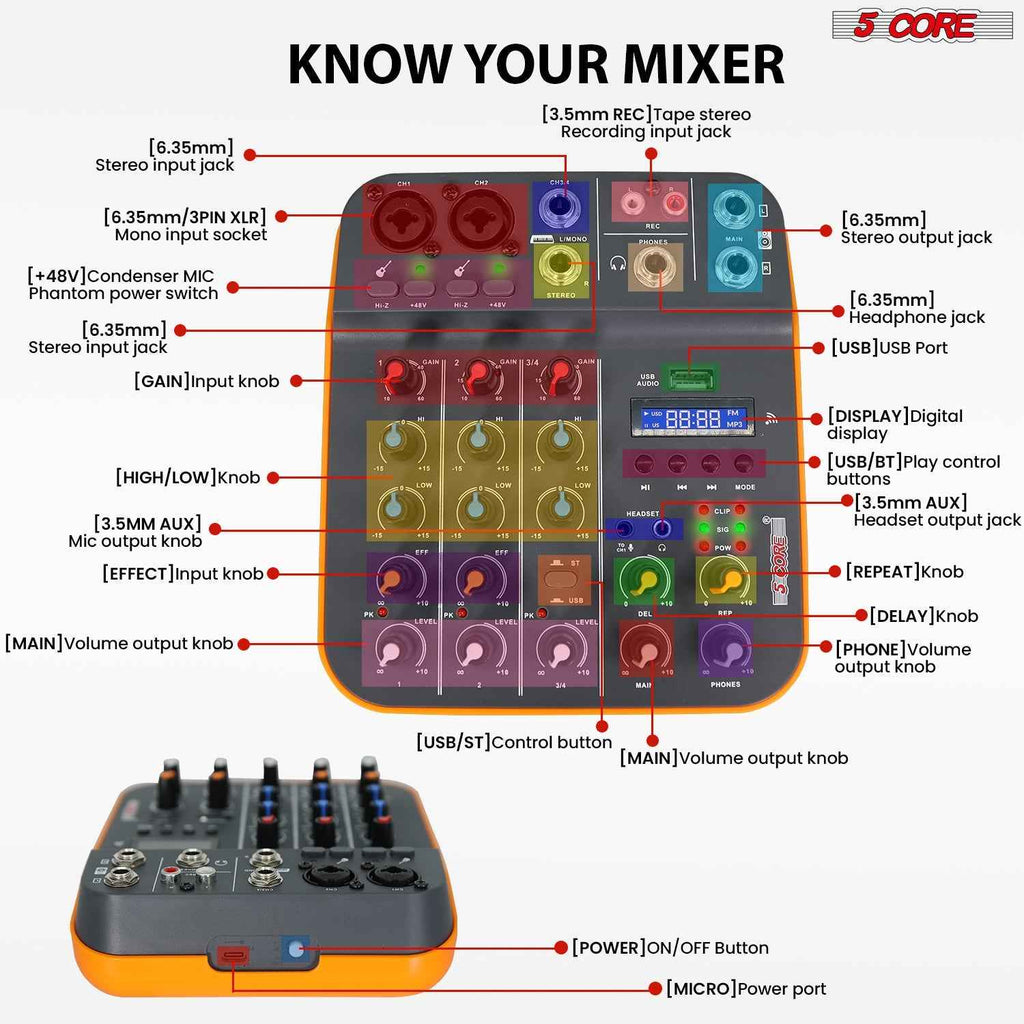 5 Core Audio Mixer 4 Channel DJ Equipment with Bluetooth USB Sound