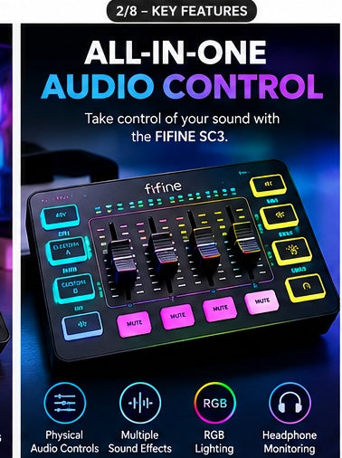 FIFINE SC3 key features including physical audio controls and RGB lighting