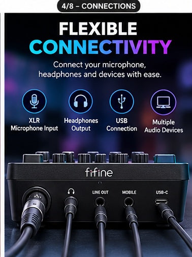 FIFINE SC3 audio mixer connections including microphone, headphones and USB