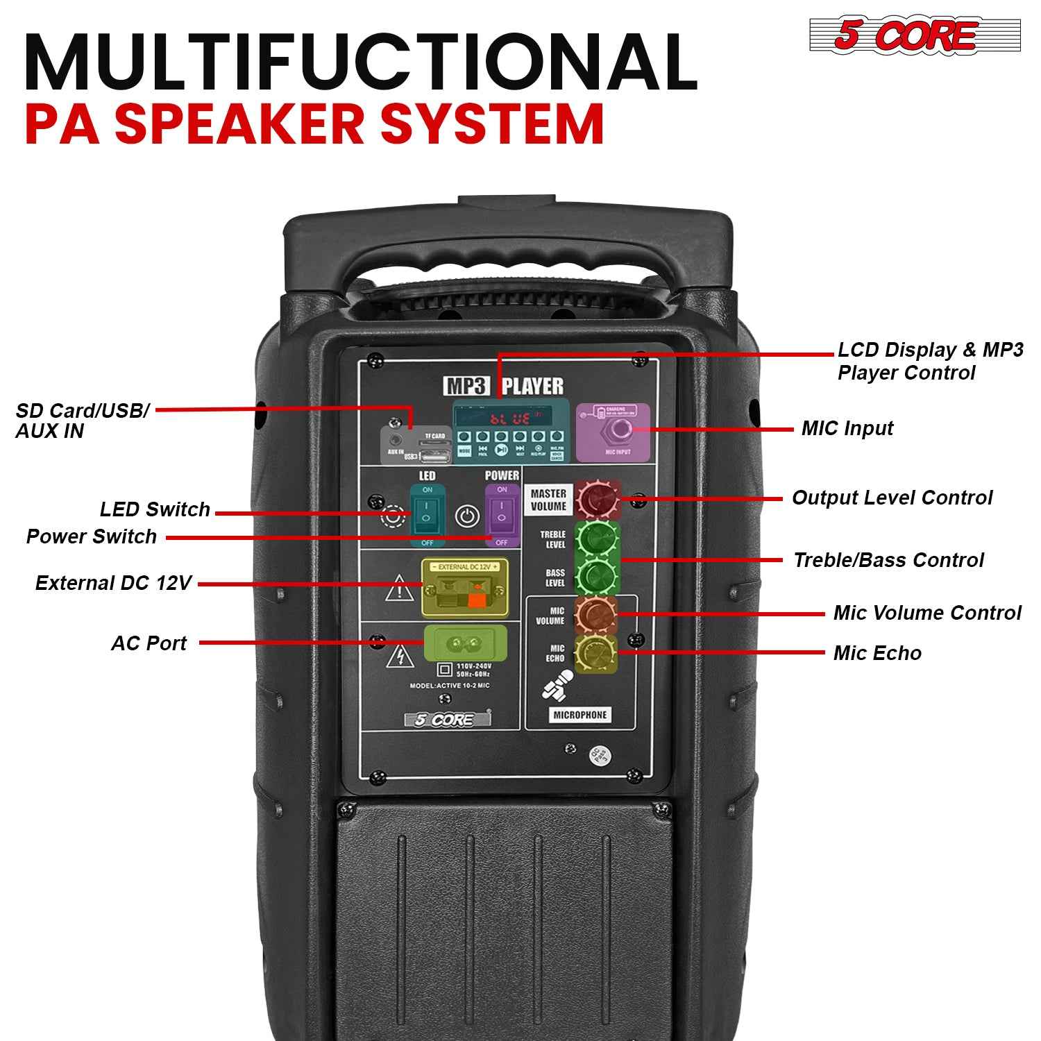 5Core 10 inch PA Portable Bluetooth Party Speaker Karaoke Boombox + 2