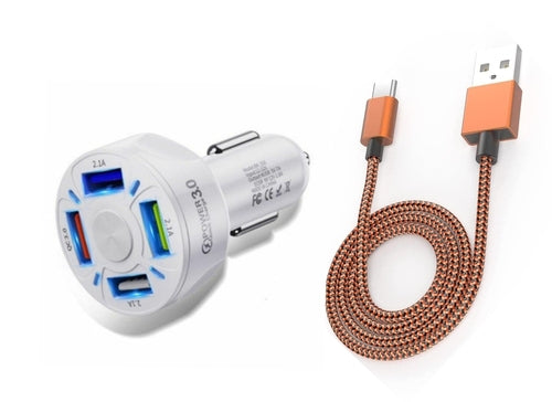 QC 3.0 4-Port LED Car Charger & 10FT Orange Nylon iPhone Cable Combo Fuchsia Electra
