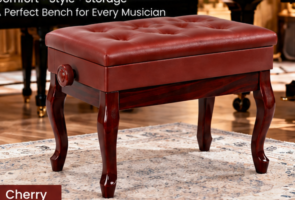 5 Core cherry piano bench styled beside a piano