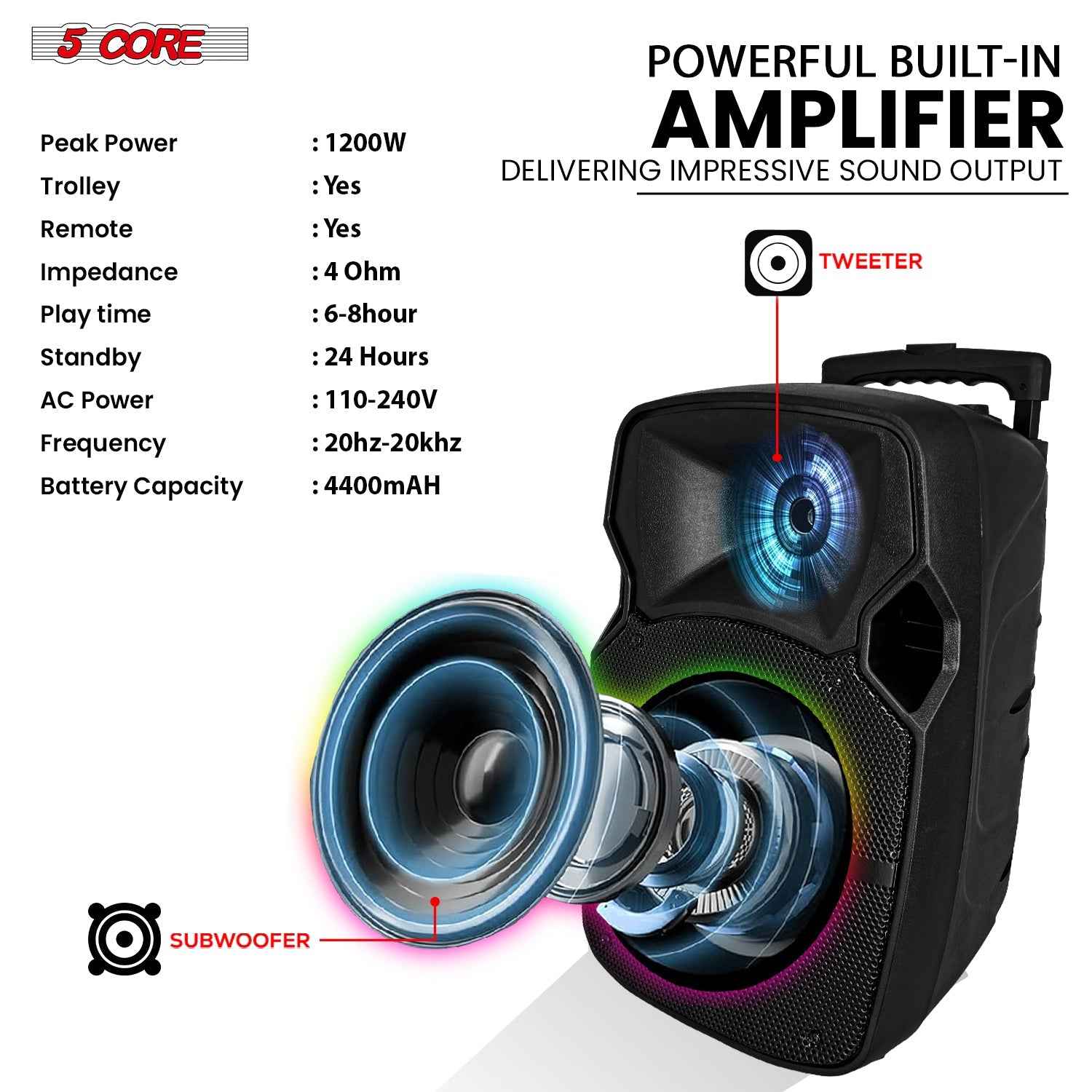 5Core 10 inch PA Portable Bluetooth Party Speaker Karaoke Boombox + 2
